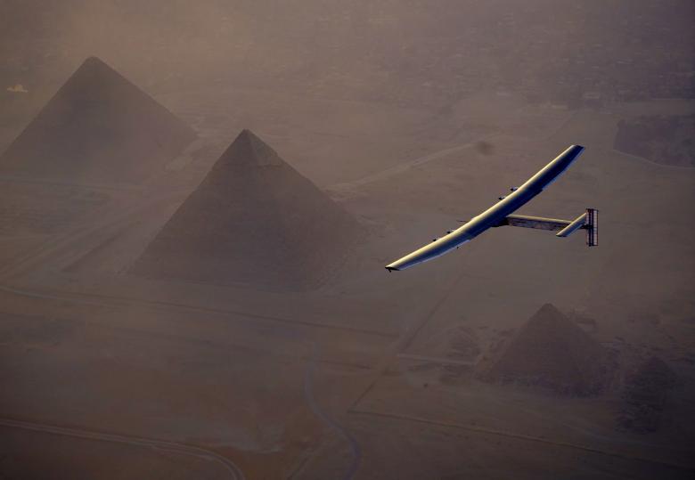 Solar Impulse flying over the pyramids, Egypt