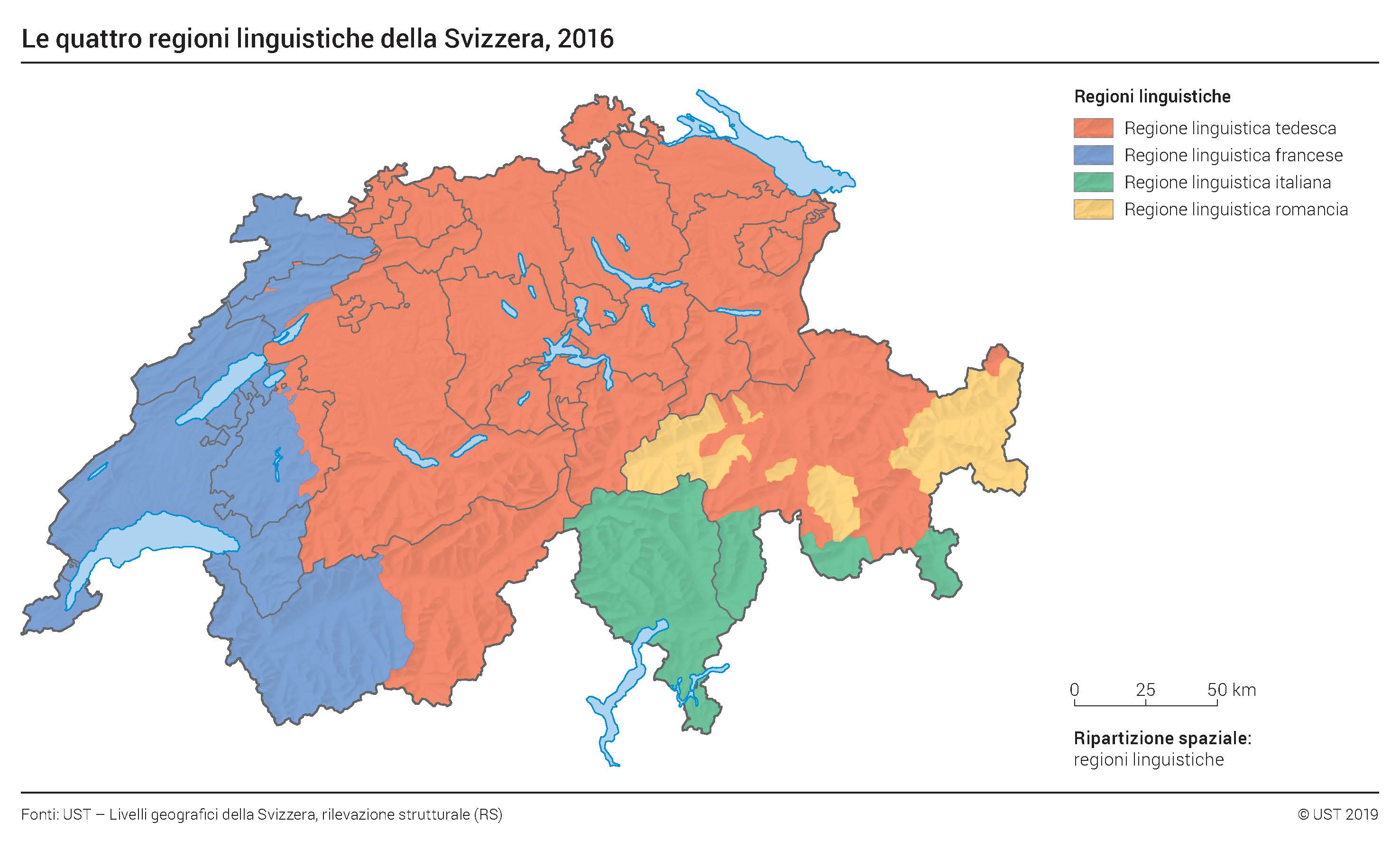 Map - The four linguistic regions of Switzerland, 2016. In order of the most represented: German, French, Italian and Romansh.