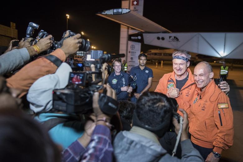 André Borschberg and Bertrand Piccard after the landing in Varanasi