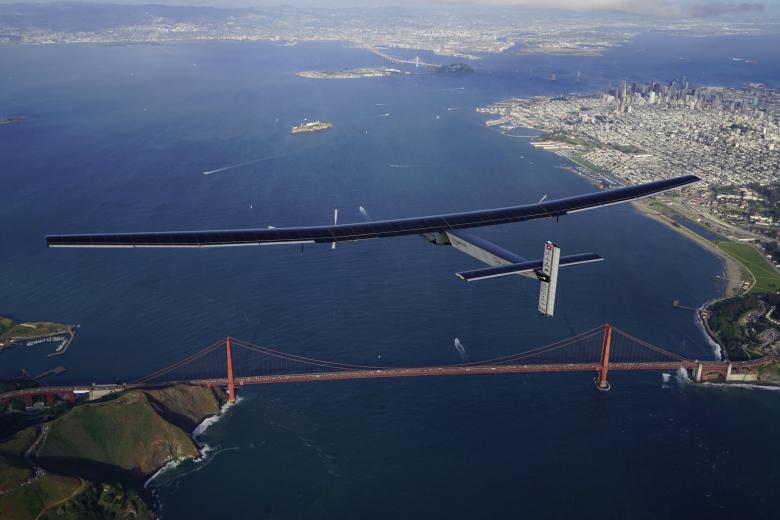 Solar Impulse overflying the Golden Gate bridge in San Francisco, United States