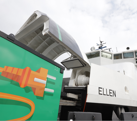 The batteries of fully electric-powered ferry Ellen are recharged in 30 to 60 minutes