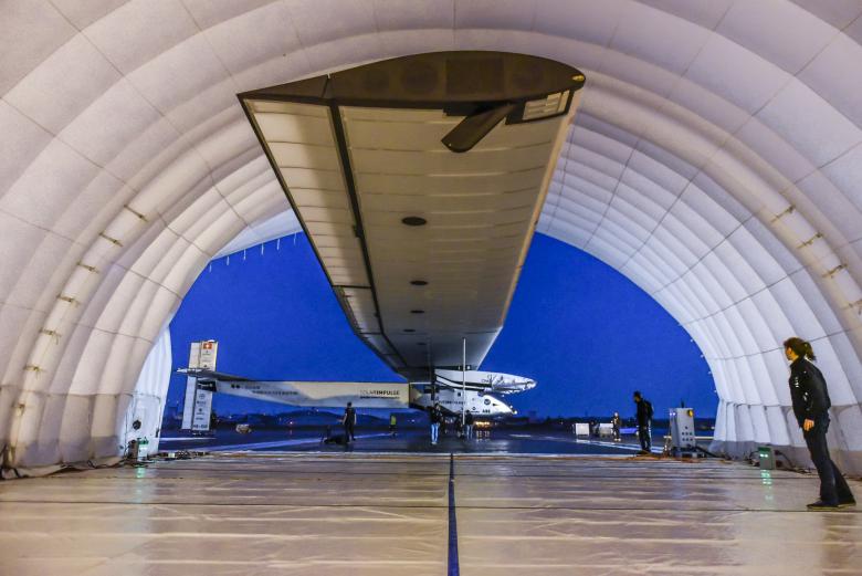Solar impulse 2 rolled in its inflatable mobile hangar in Nagoya, Japan