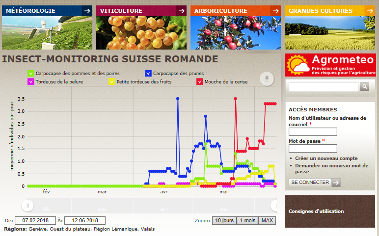 Agrométéo monitors the population growth rates of harmful insects in crops in the Romandie.