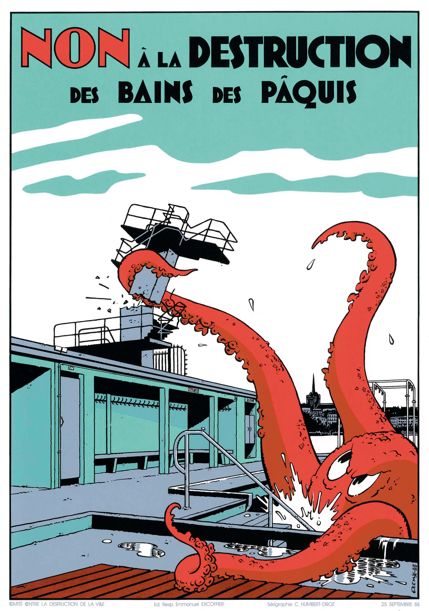 Affiche du dessinateur Exem contre la destruction des Bains des Pâquis, 1988 / © EXEM