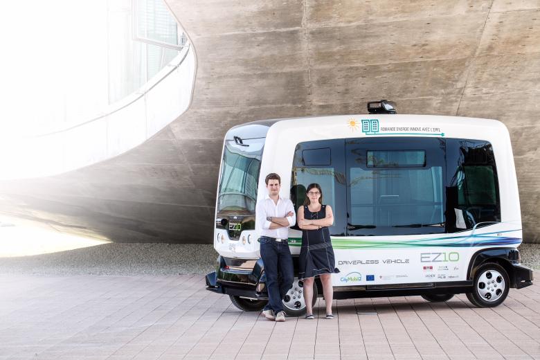 4.	Bestmile co-founders Anne Mellano and Raphaël Gindrat with the first autonomous shuttle of EPFL