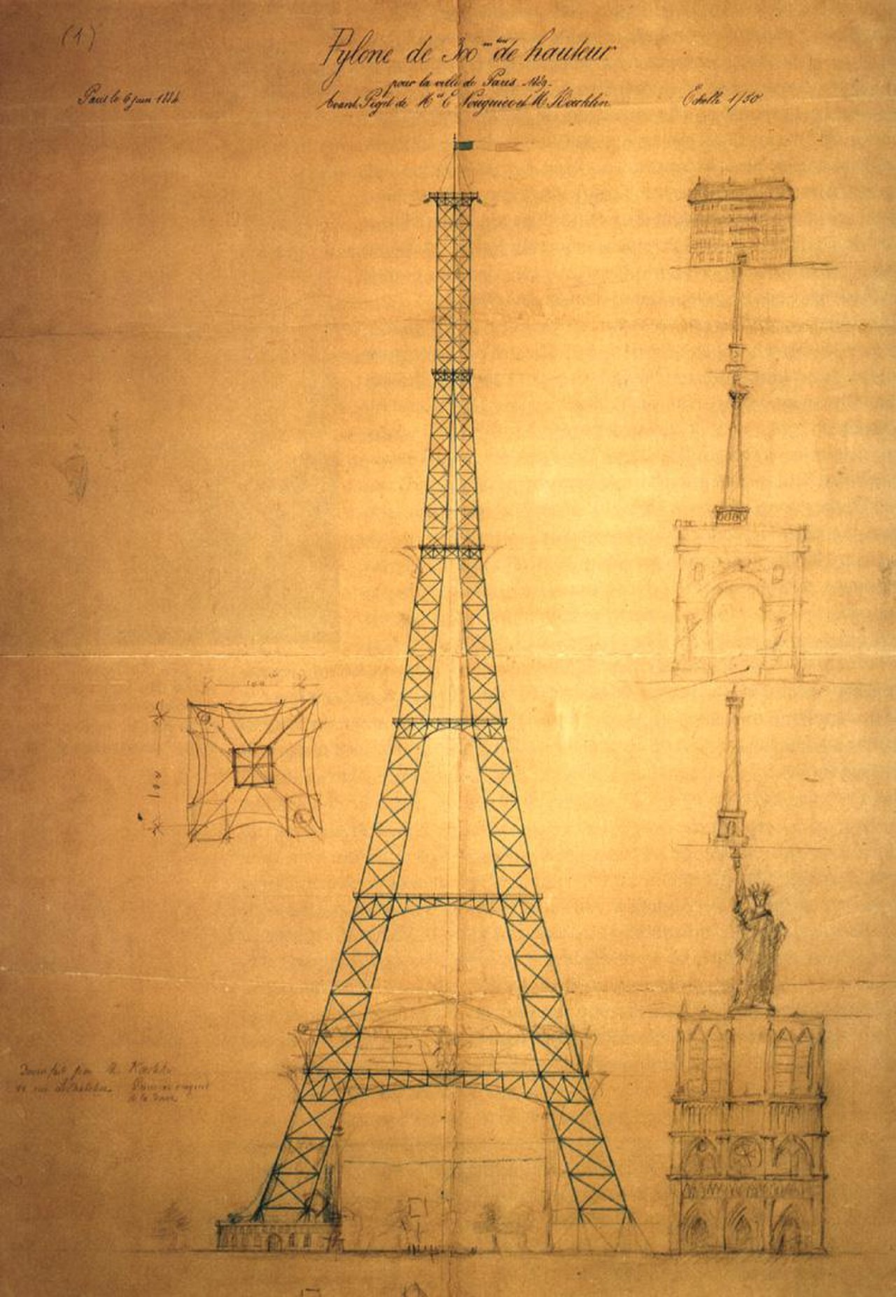 Koechlin's 1884 sketch of a 300m pylon, the basis for the Eiffel Tower © DR