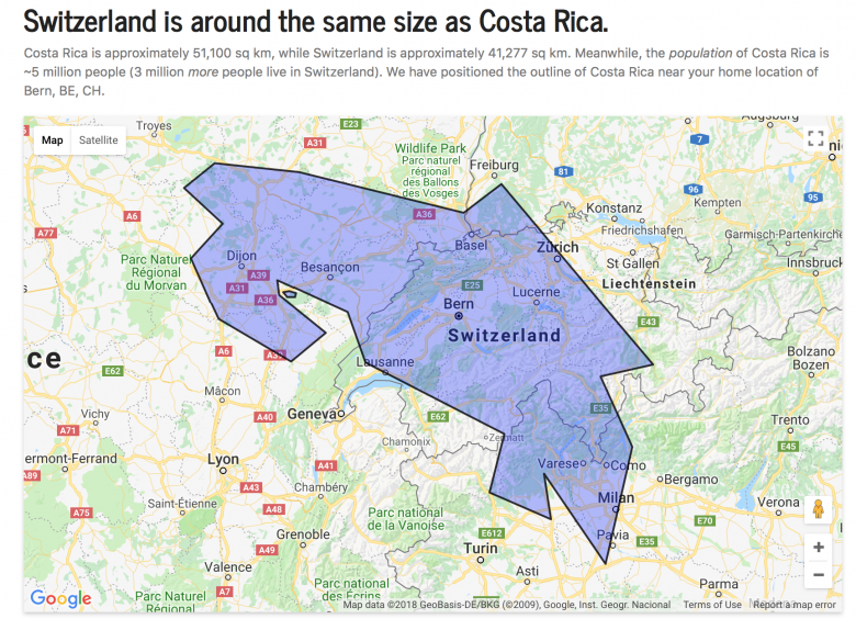 Confronto tra la Svizzera e la Costa Rica. © http://www.mylifeelsewhere.com/country-size-comparison/switzerland/costa-rica