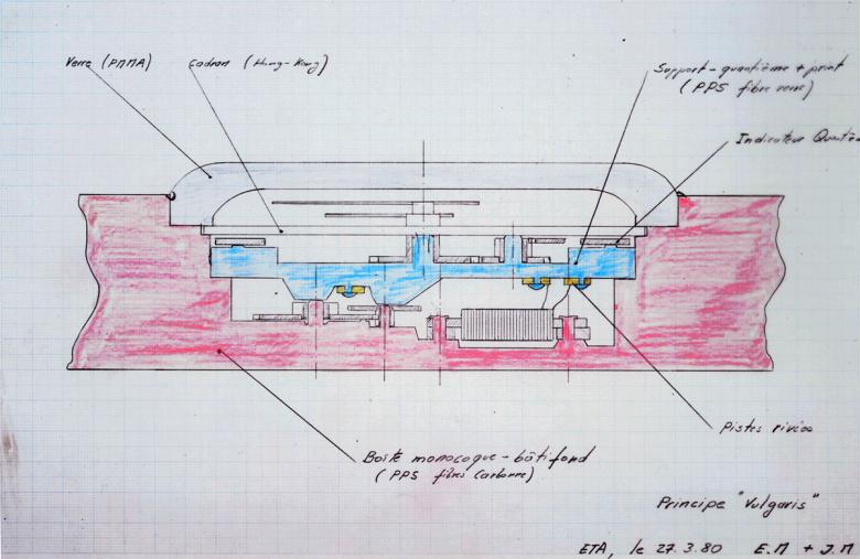 Premier croquis de la montre "Vulgaris" (27 mars 1980), qui est finalement devenue la Swatch.