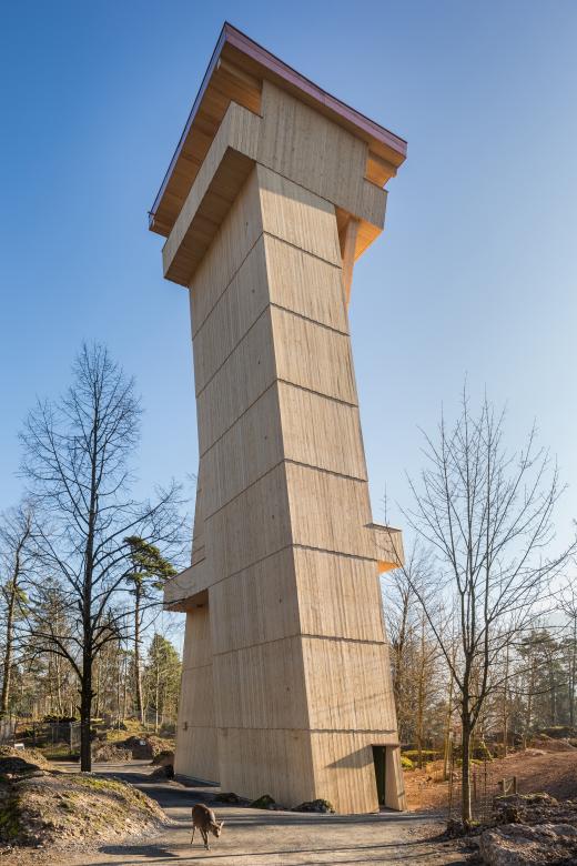 La torre di legno alta 30 metri offre spazi a persone e animali. I visitatori possono salirvi dalla scala interna, mentre gli uccelli trovano rifugio nelle nicchie delle pareti esterne, gli scoiattoli vi si arrampicano e le cicogne fanno i loro nidi sul tetto.