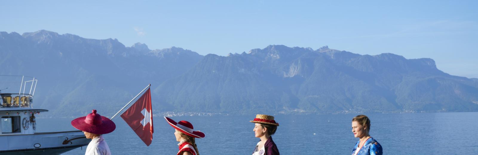 Costumes from The Winegrowers' Festival 2019. From left to right: Effeuilleuse, Cent pour Cent, Saint-Martin, Bourgeon. Nicolas Righetti | Lundi 13 © Fête des Vignerons 2019