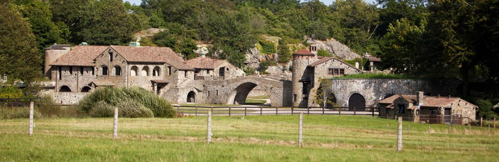 Swiss village over pasture