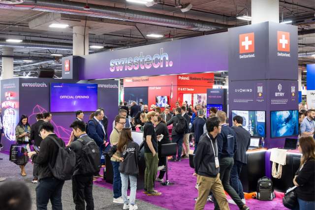 Crowded swisstech pavilion at CES 2026 in Las Vegas, showcasing Swiss startups and technology.